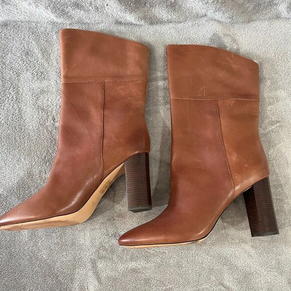 J.Crew Anya Mid Calf Stacked Boot Burnished Brown Leather Womens Size 12 - Picture 2 of 12